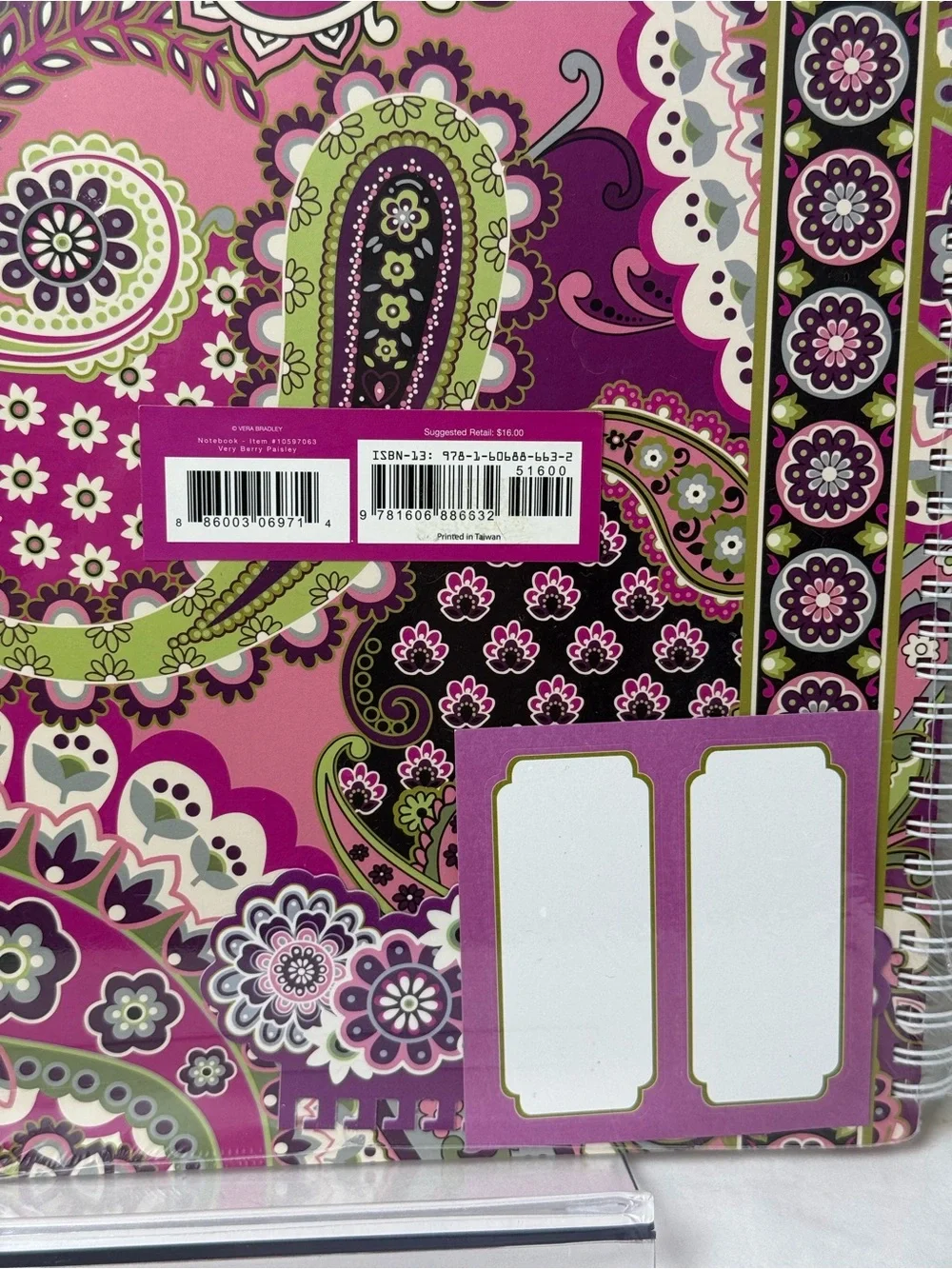 NWT Vera Bradley Very Berry Paisley Large Notebook with Labels RETIRED RARE New